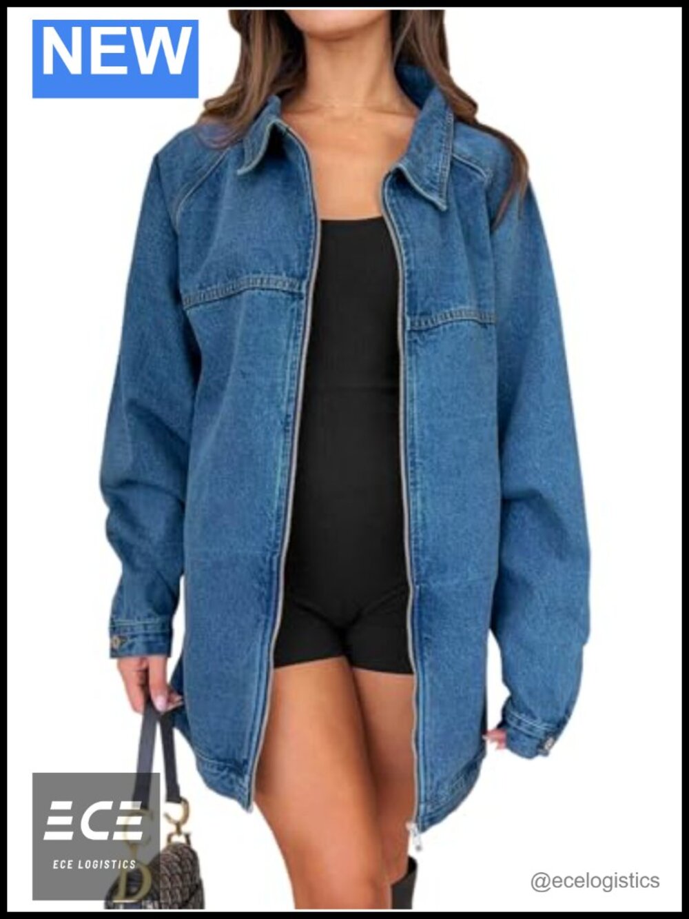 Oversized Long Sleeve Zip Up Denim Jacket Relaxed Fit Cotton Blend